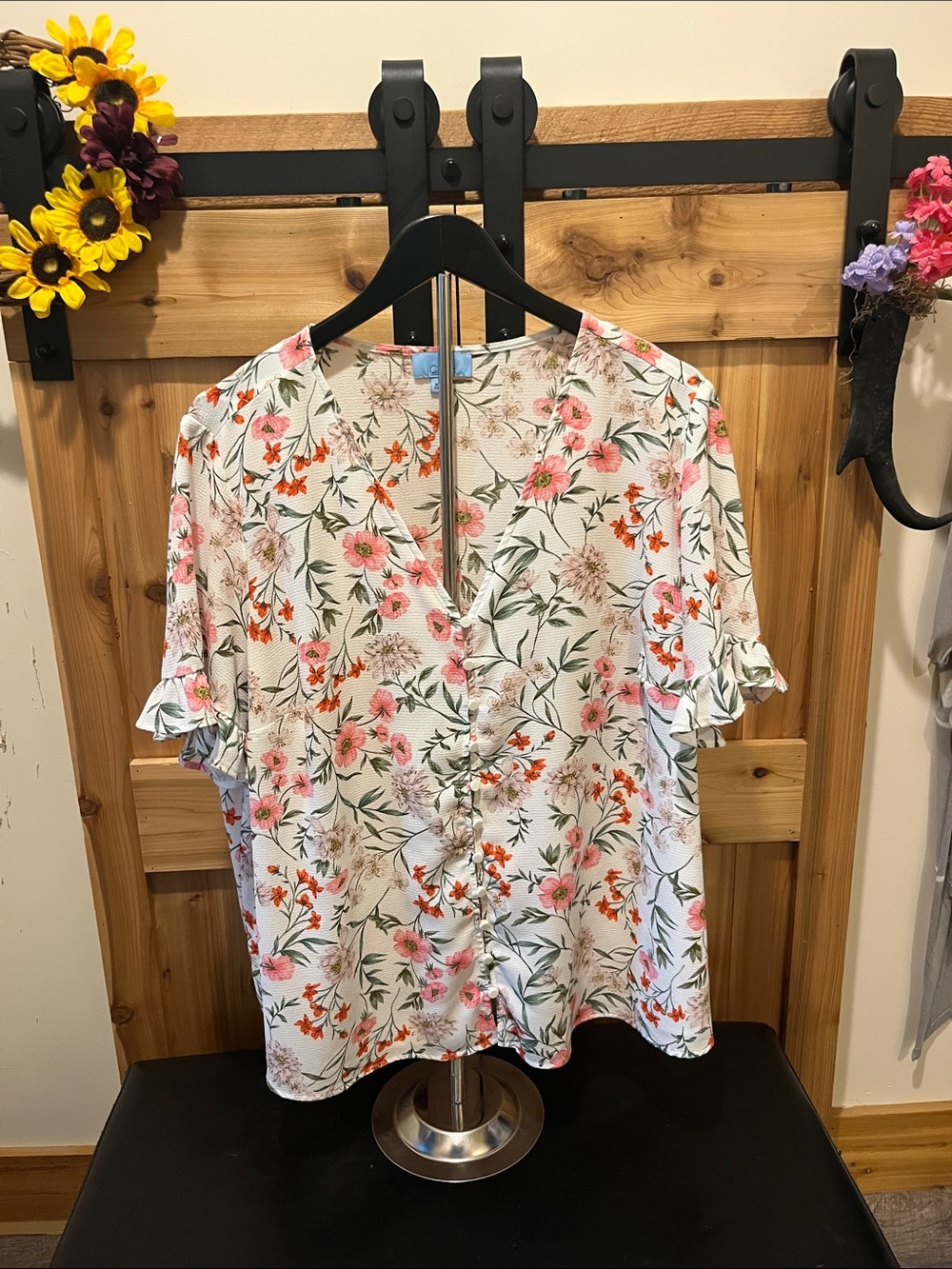 CeCe Cream Floral Button-Front Blouse with Pink & Orange Flowers